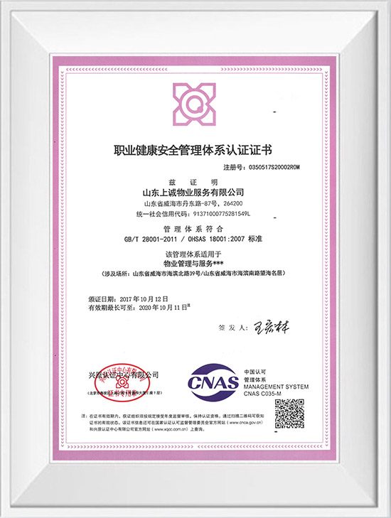職業(yè)健康安全管理體系認(rèn)證證書